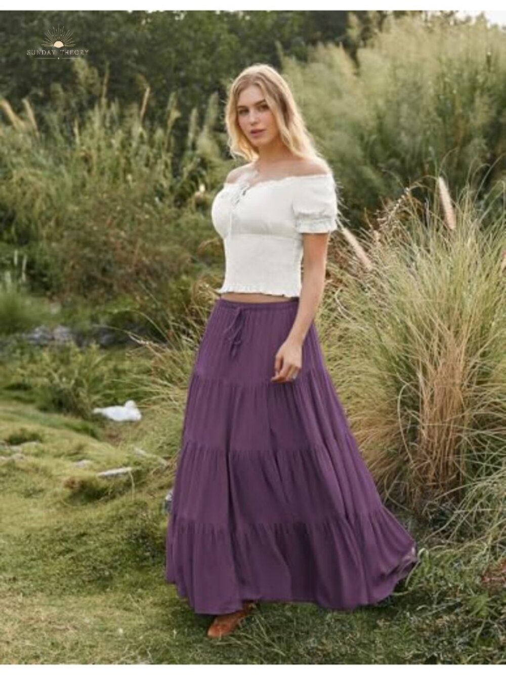 Tiered Renaissance Maxi Skirt Flowy Ankle Length Elastic Waist Side Pockets - Picture 5 of 6